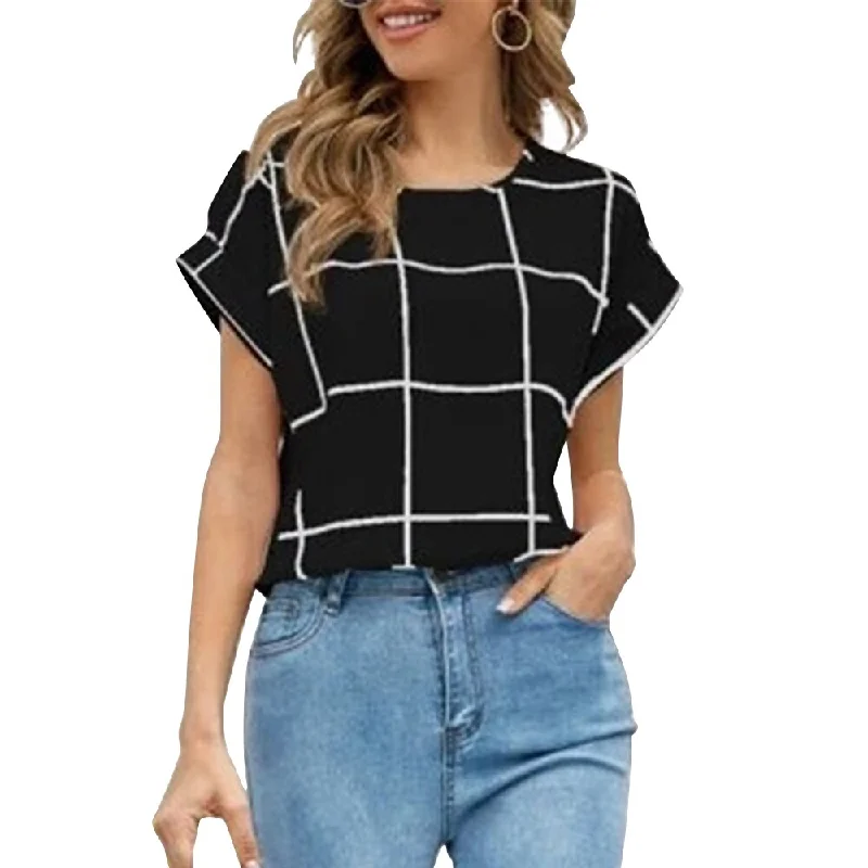 MegaBetty - New Summer Women's Plaid Print Tops Round Neck T Shirts Ladies Short Sleeve Tees Casual Slim Fit Female T-Shirt Streetwear D30