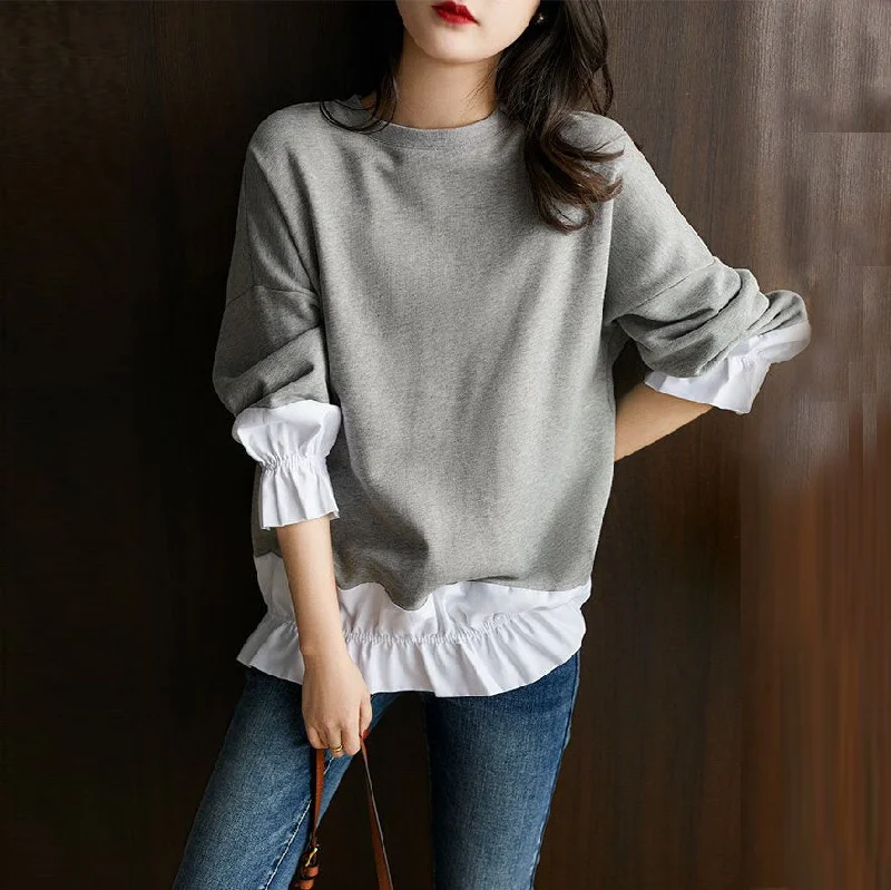 Gray Crew Neck Cotton-Blend Plain Long Sleeve Sweatshirt