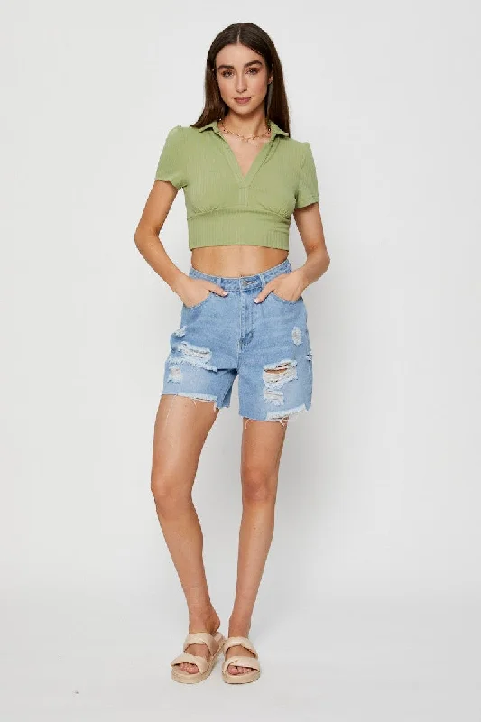 Green Crop T Shirt Short Sleeve Collared