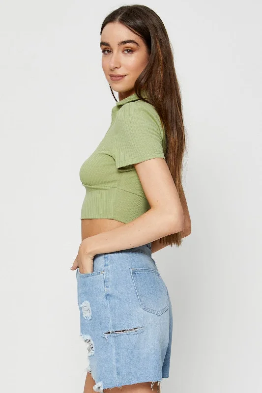 Green Crop T Shirt Short Sleeve Collared