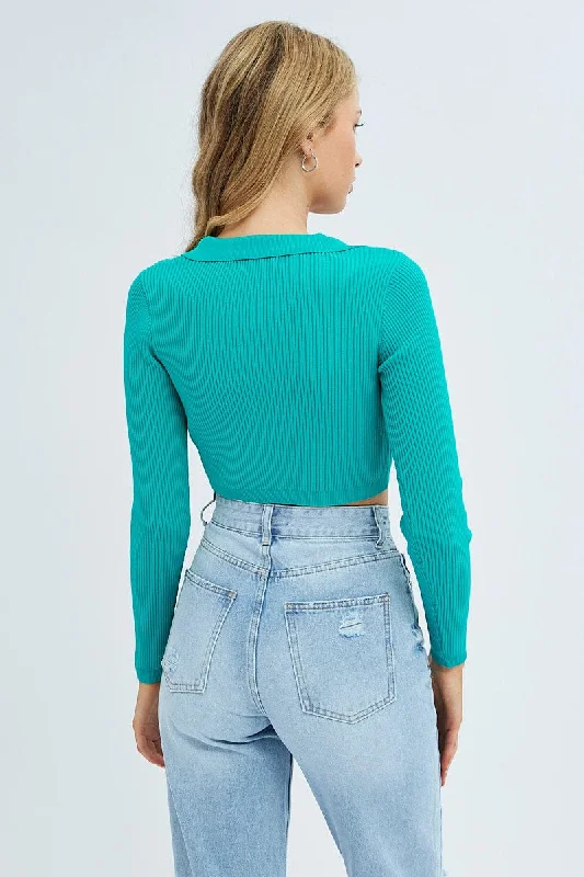 Green Knit Top Long Sleeve Crop Collared