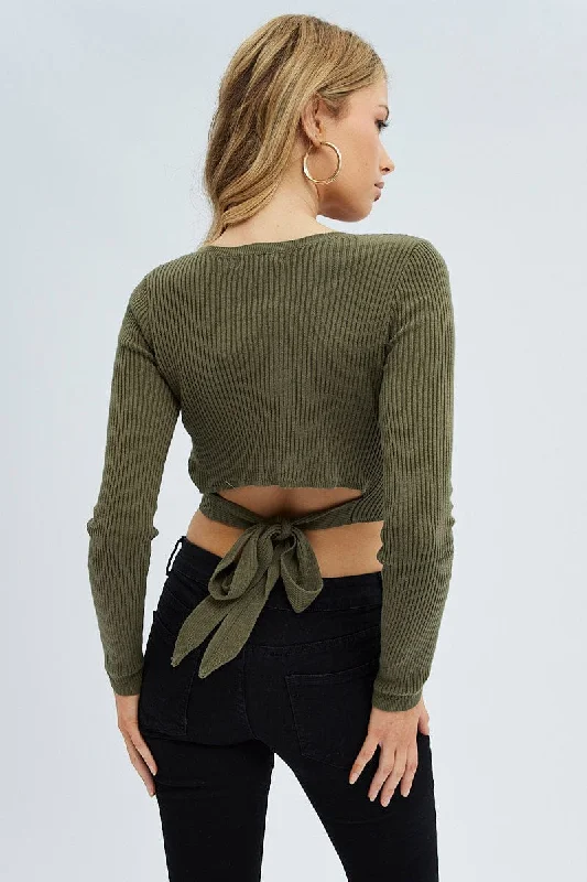 Green Knit Top Long Sleeve Crop