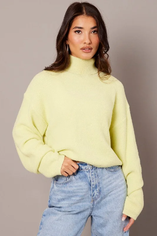 Green Knit Top Long Sleeve High Neck Fluffy