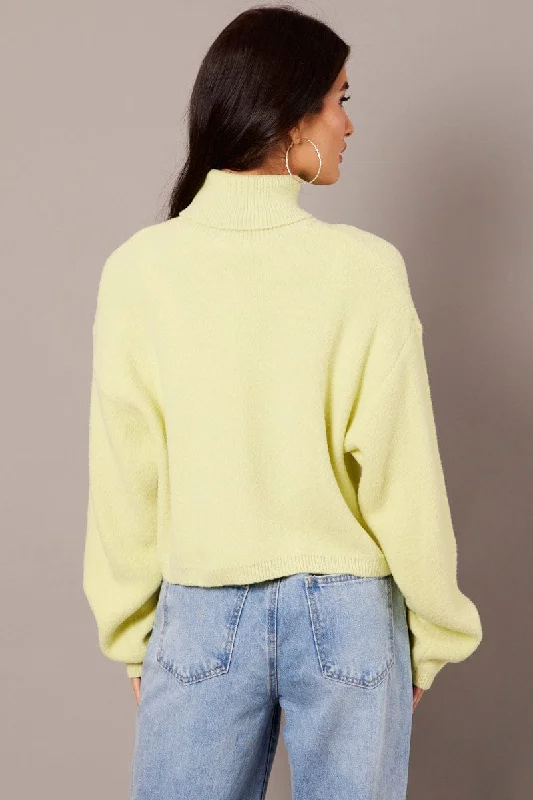 Green Knit Top Long Sleeve High Neck Fluffy