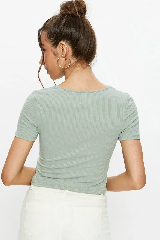 Green Short Sleeve Rib Jersey Split Hem Top