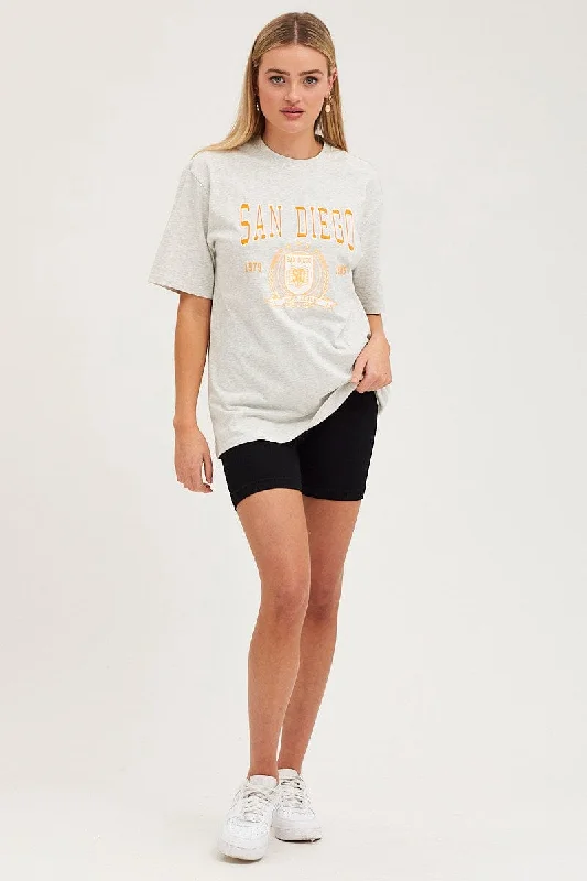 Grey Graphic T Shirt Short Sleeve Embroided