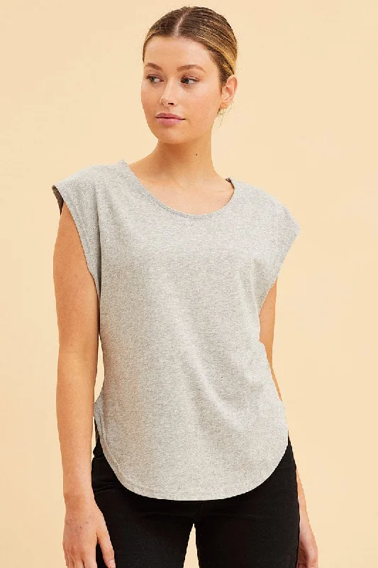 Grey Relaxed T-Shirt Drop Shoulder Curved Hem Crew Neck