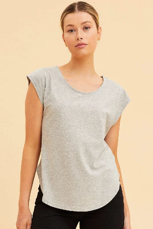 Grey Relaxed T-Shirt Drop Shoulder Curved Hem Crew Neck