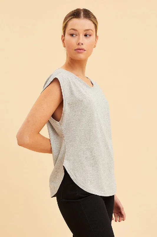 Grey Relaxed T-Shirt Drop Shoulder Curved Hem Crew Neck