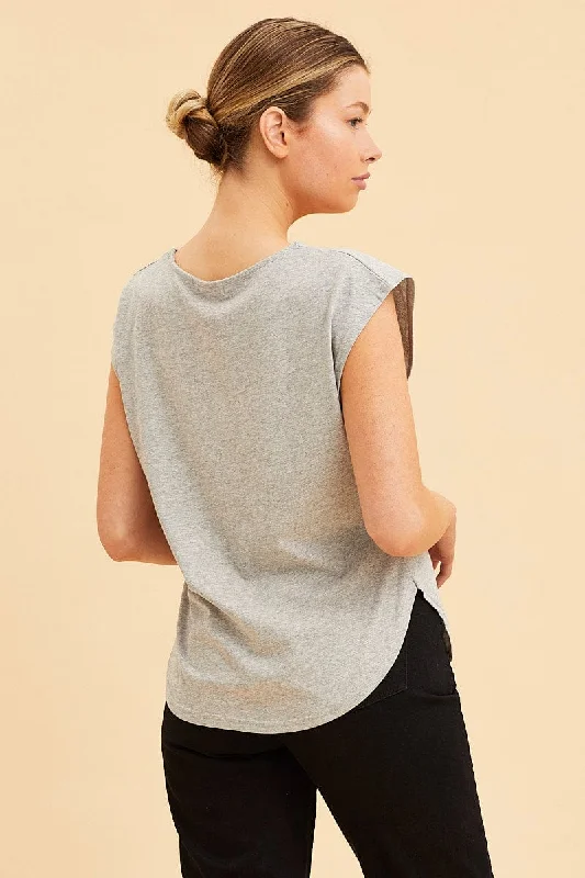 Grey Relaxed T-Shirt Drop Shoulder Curved Hem Crew Neck