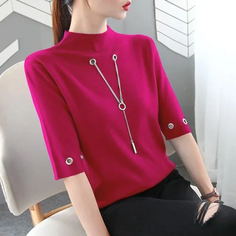 Half Sleeve Sheath Plain Knitted Shirts & Tops