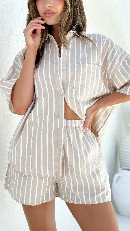 Harper Shirt and Shorts Set- Beige/White Stripe