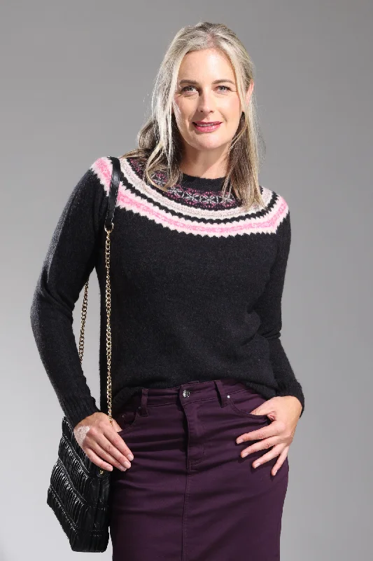 Round neck Fairisle yoke Jersey | Pink Black | 6976ZZ