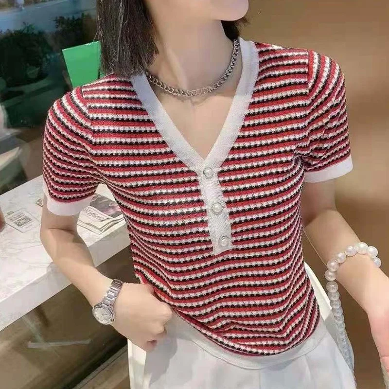 Knitted Short Sleeve Casual Shift Shirts & Tops