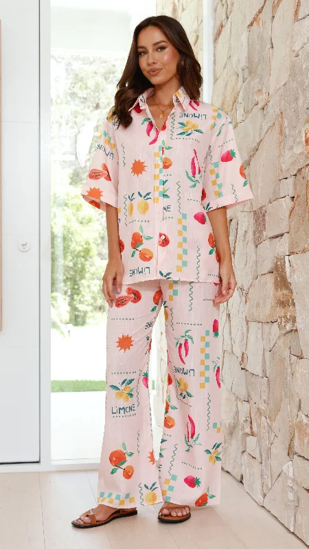 Kourt Button Up Shirt and Pants Set - Peach Limone