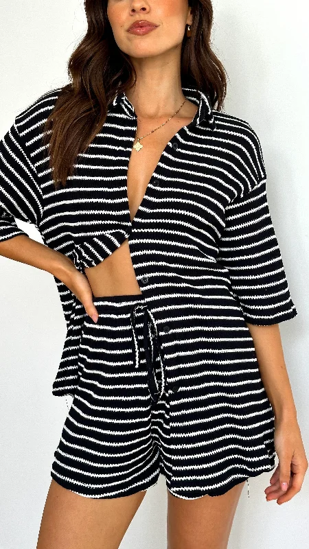 Lacole Button Up Shirt and Shorts Set - Black / White Stripe