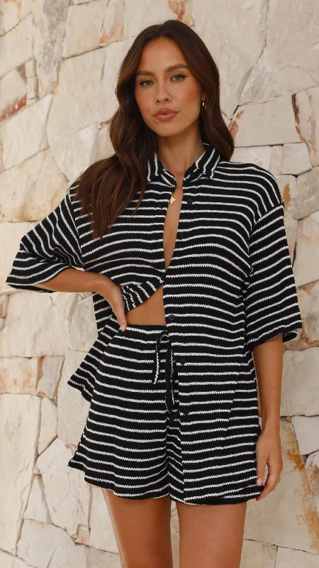 Lacole Button Up Shirt and Shorts Set - Black / White Stripe