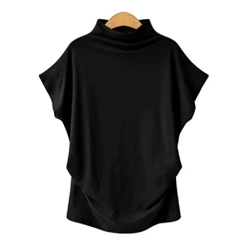 Large Women's Half High Neck Bat Sleeve Top Solid Color Polyester Cotton Loose S