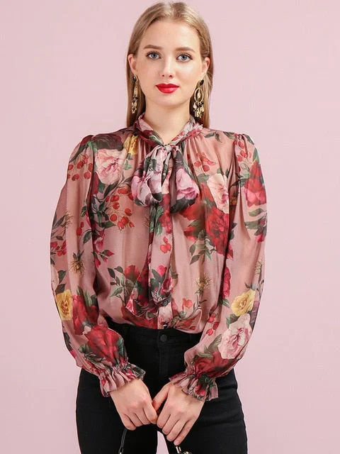 LD LINDA DELLA Runway Fashion Autumn Silk Shirt Women's Butterfly Sleeve Floral Printed Bowknot Elegant Vintage Loose Blouse