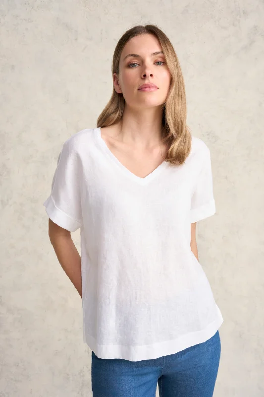 Linen Mix V-Neck Top - White