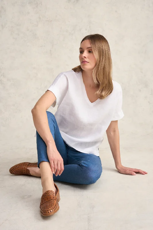 Linen Mix V-Neck Top - White