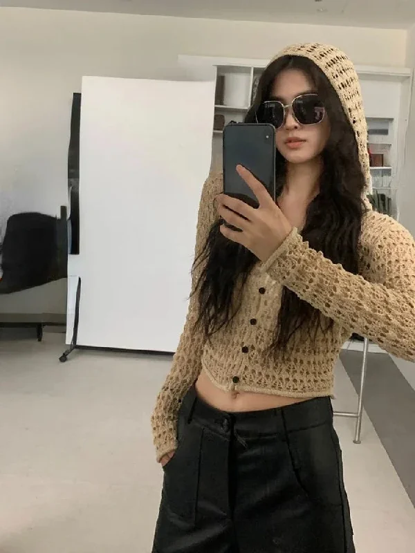 Lunivop Grunge Thin Hollow Out Vintage Sexy Cardigan Coats 2024 Hooded All Match Knitted Sweaters Y2k Women Fashion Casual Crop Tops