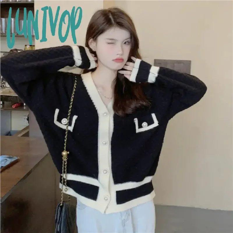 Lunivop Korean Fashion Chic Vintage Sweater Retro Casual Lazy Sweaters For Women Knitted V-Neck Cardigans Elegant Tops Outwear