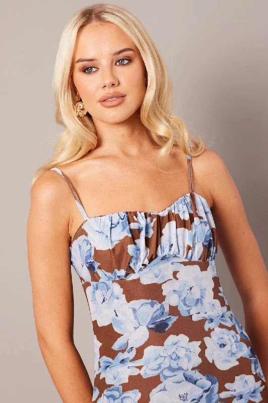 Multi Floral Bodycon Dress Singlet Midi