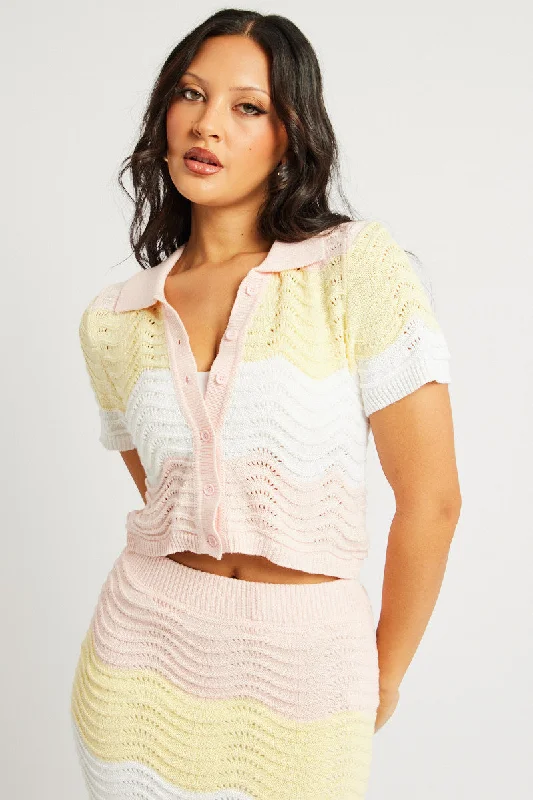 Multi Stripe Crochet Knit Top Collared