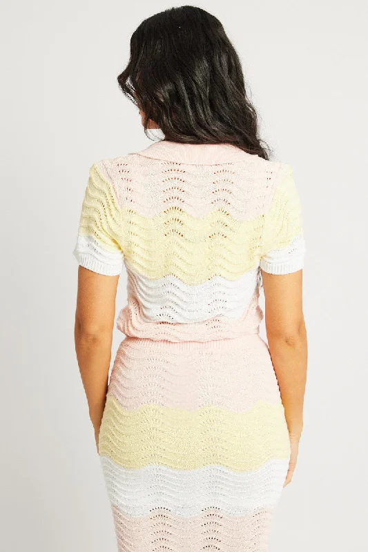 Multi Stripe Crochet Knit Top Collared