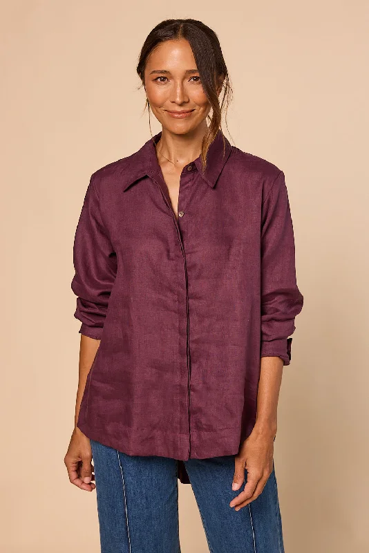 Oversized Linen Boyfriend Shirt in Plum