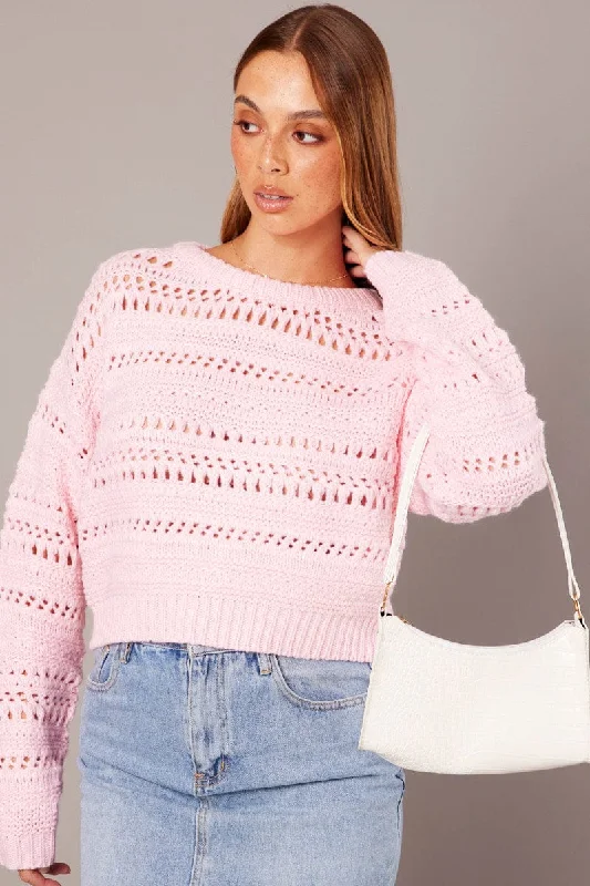 Pink Crochet Jumper Long Sleeve Crew Neck