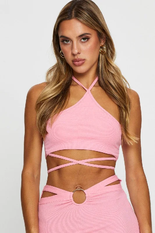 Pink Crop Top Sleeveless Halter