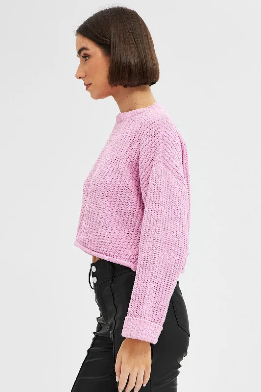 Pink Knit Top Long Sleeve Crop Relaxed