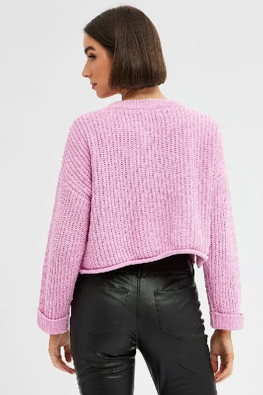 Pink Knit Top Long Sleeve Crop Relaxed