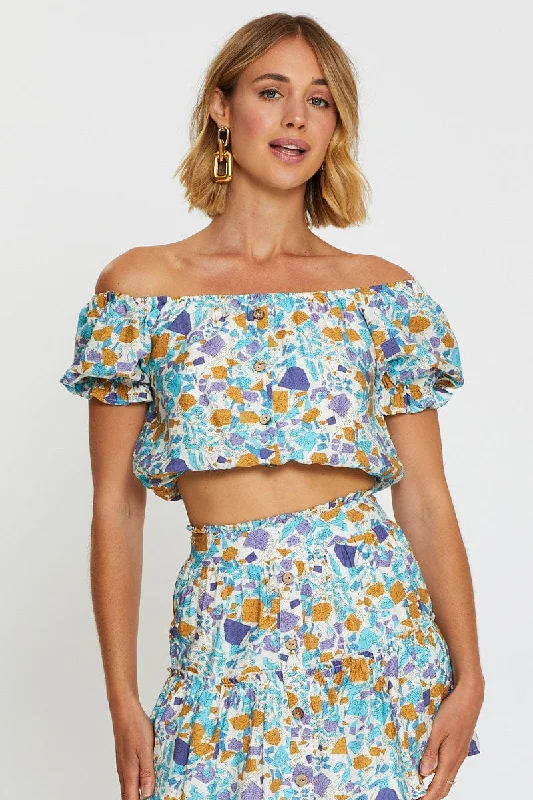 Print Crop Top Off Shoulder