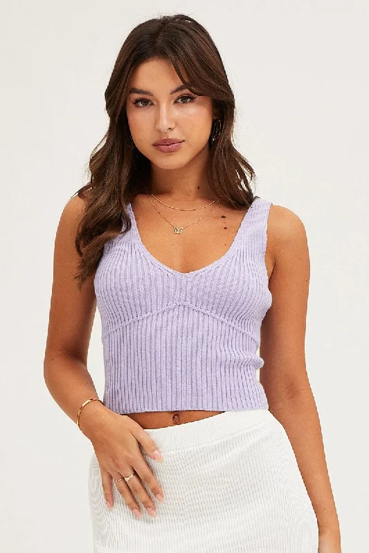 Purple Knit Top Sleeveless Crop V-Neck