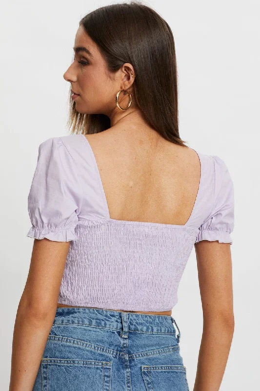 Purple Poplin Puff Sleeve Crop Top