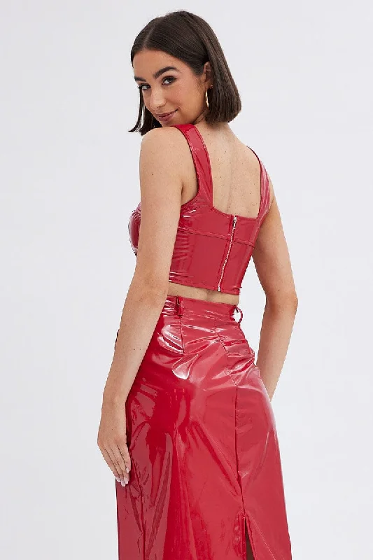 Red Corset Top Sleeveless Square Neck PU Patent