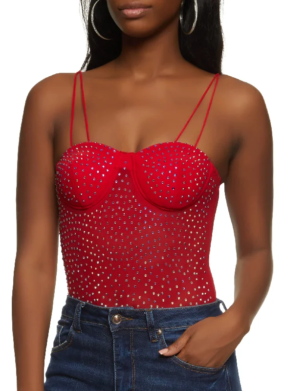 Rhinestone Studded Strappy Bustier Bodysuit