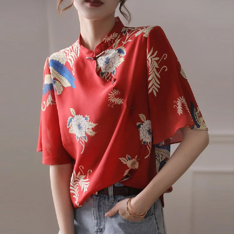 Red Short Sleeve Printed Casual Shirts & Tops