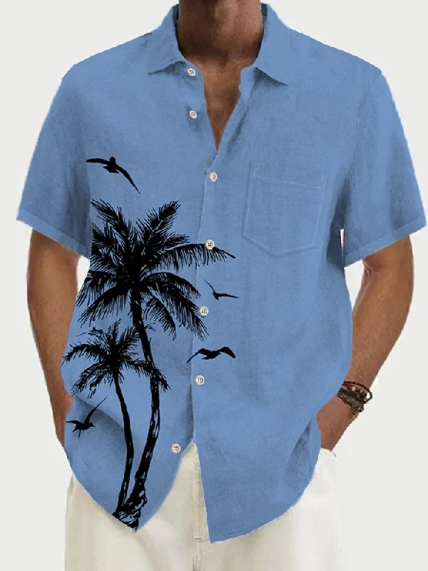 Coconut Tree Print Beach Men's Hawaiian Oversized Short Sleeve Shirt with Pockets