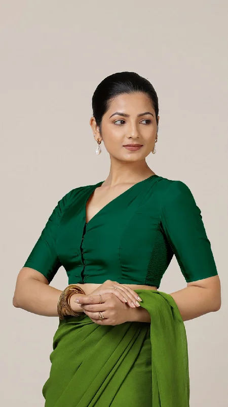 Begum x Rozaana | Elbow Sleeves Saree Blouse in Bottle Green