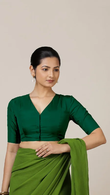 Begum x Rozaana | Elbow Sleeves Saree Blouse in Bottle Green