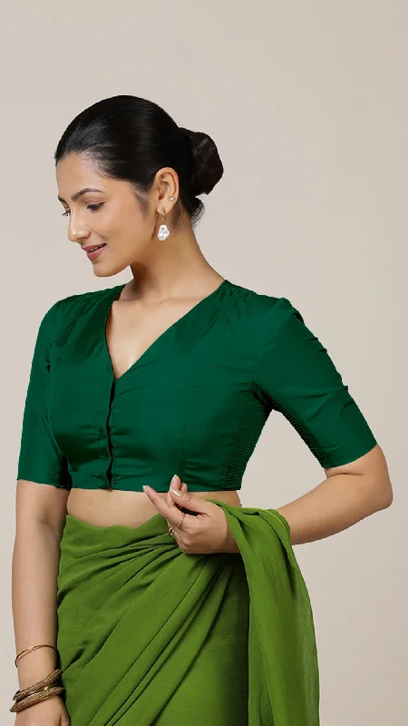 Begum x Rozaana | Elbow Sleeves Saree Blouse in Bottle Green