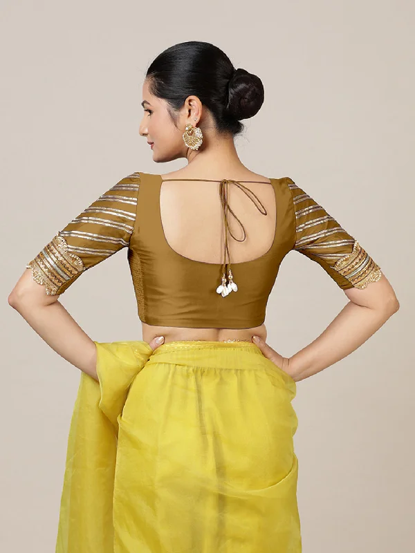 Anisha x Tyohaar | Elbow Sleeves Saree Blouse in Bronze Gold