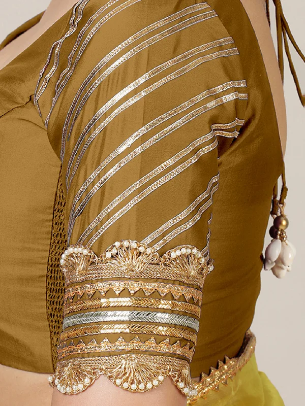 Anisha x Tyohaar | Elbow Sleeves Saree Blouse in Bronze Gold