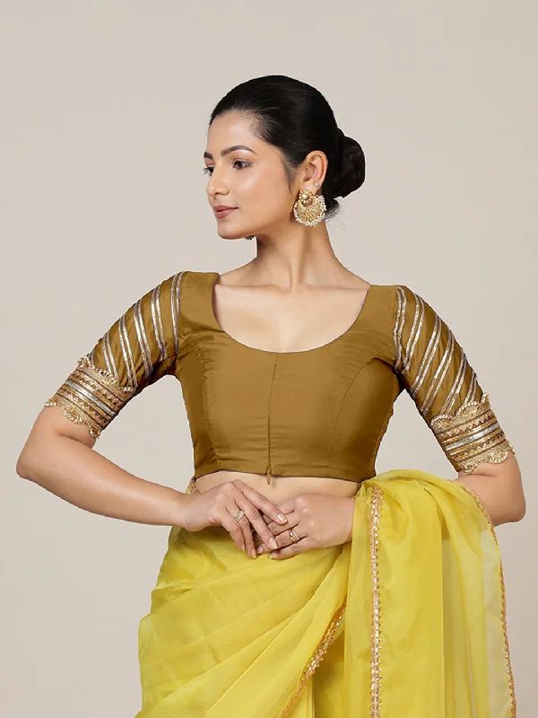 Anisha x Tyohaar | Elbow Sleeves Saree Blouse in Bronze Gold