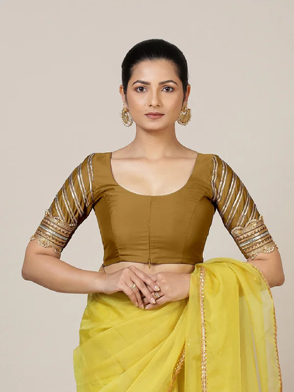 Anisha x Tyohaar | Elbow Sleeves Saree Blouse in Bronze Gold