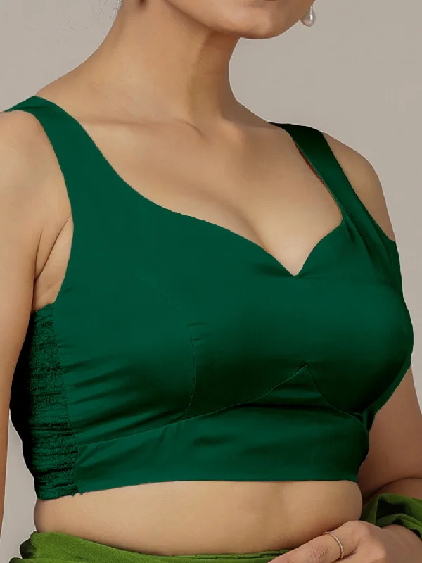 Ishika x Rozaana | Bottle Green Sleeveless FlexiFit™ Saree Blouse with Beetle Leaf Neckline and Back Cut-out with Tie-Up